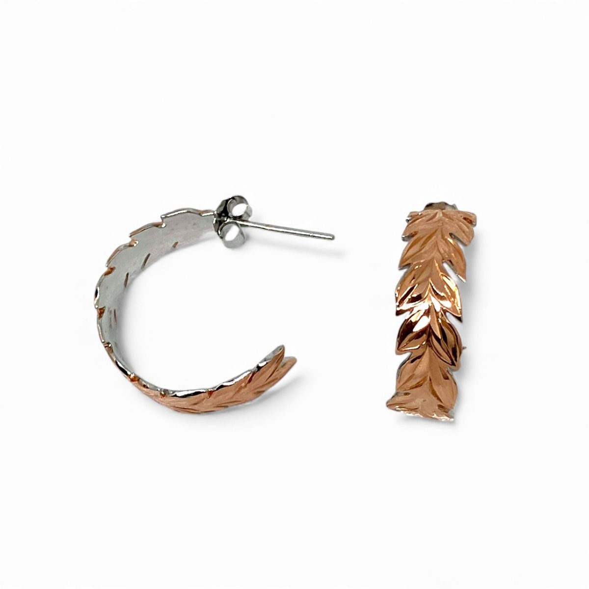 Sterling Silver Cut-out Maile Leaf Hoop Earrings with Rose Gold Accents