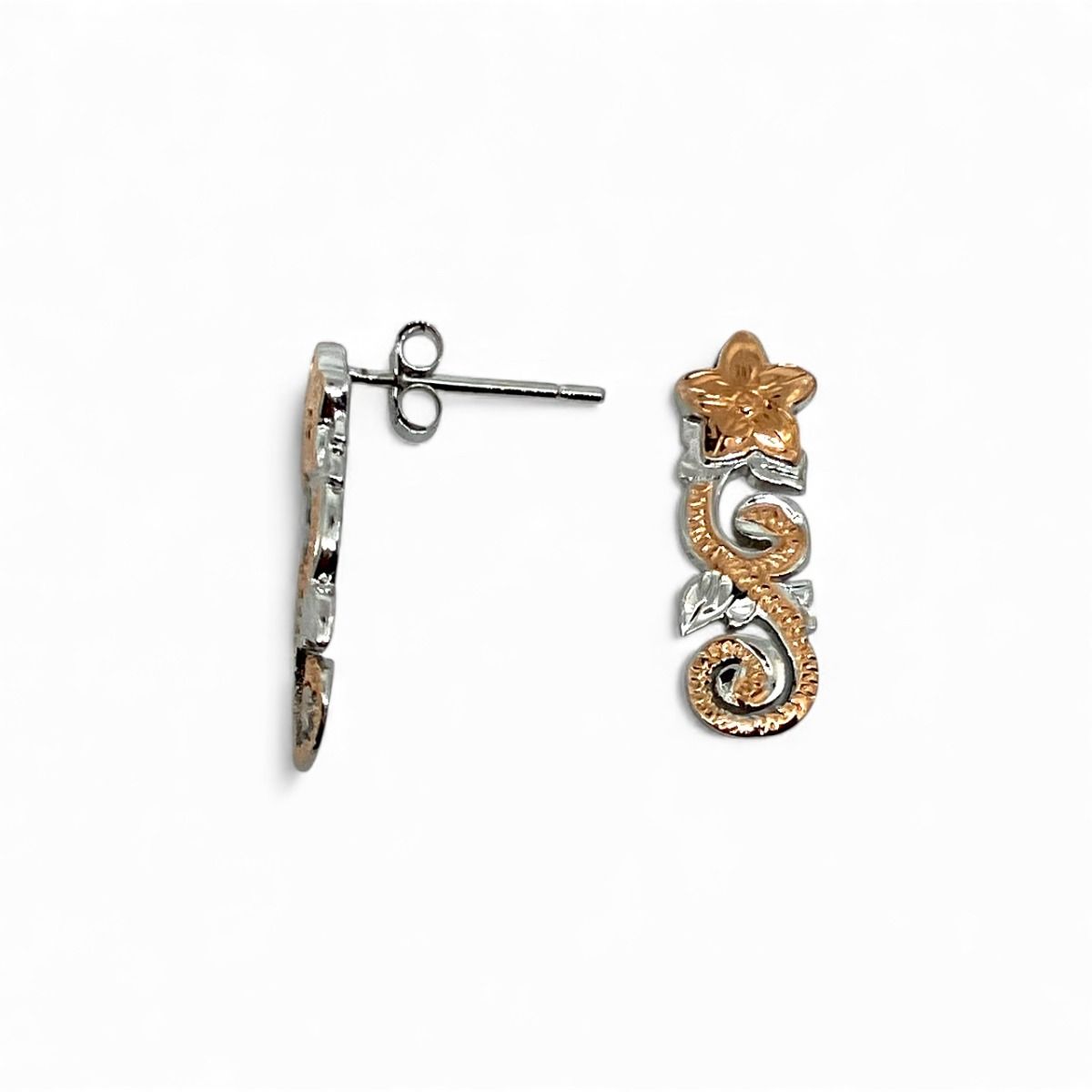 Sterling Silver Plumeria Scroll Pierced Earrings with Rose Gold Accents