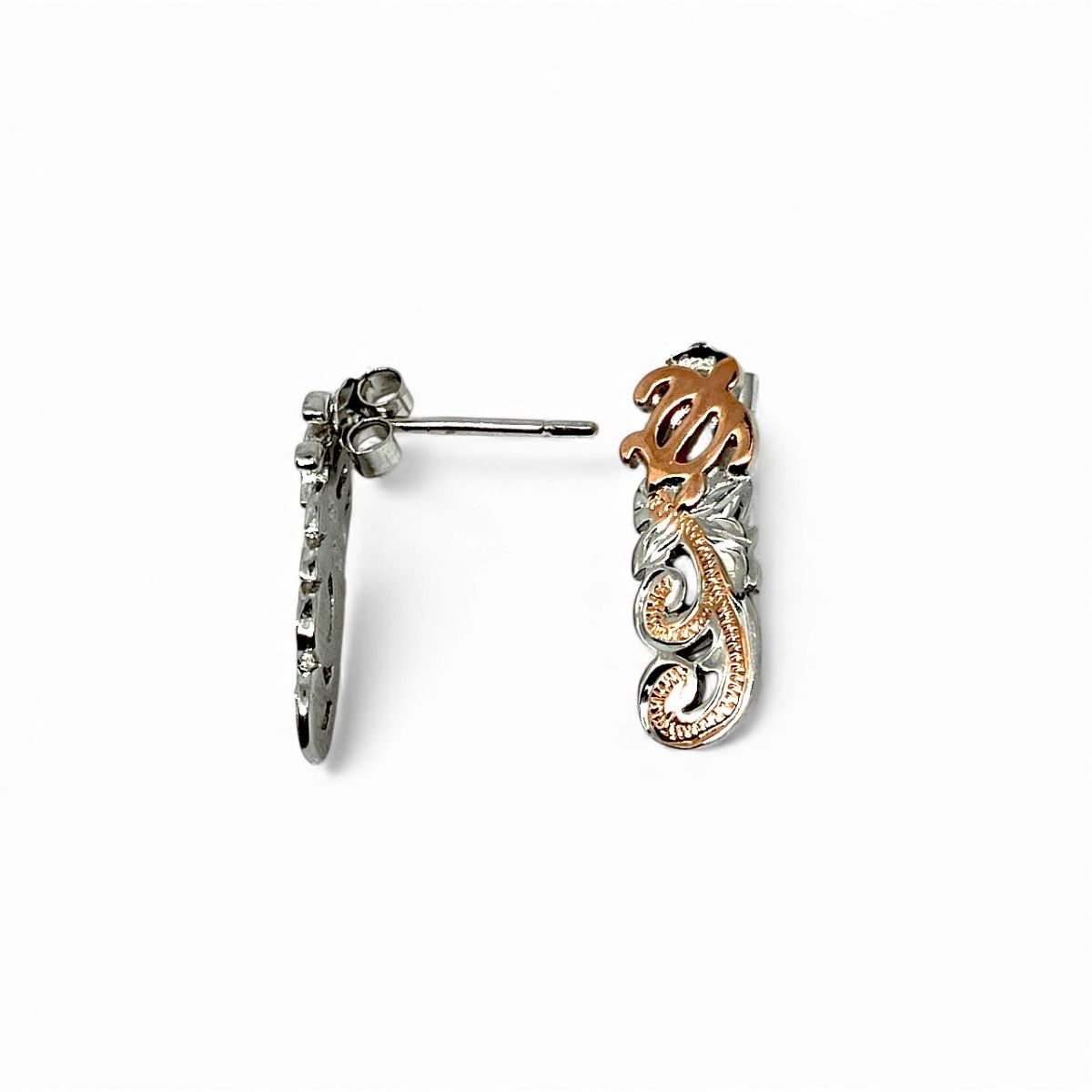 Sterling Silver Honu Scroll Pierced Earrings with Rose Gold Accents
