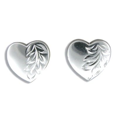 Sterling Silver Hand Carved Hawaiian Maile leaf  with Heart Shaped Pierced Earrings