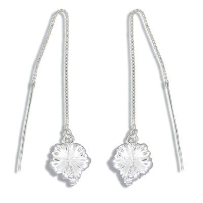 Sterling Silver White Sand Hawaiian Hibiscus with Clear CZ Long Chain Earrings
