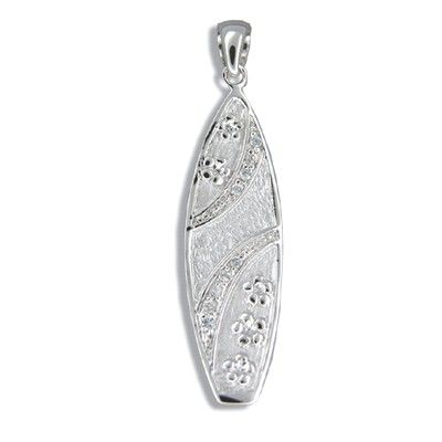 Sterling Silver Hawaiian Plumeria and CZ with Surfboard Shaped Pendant (L)