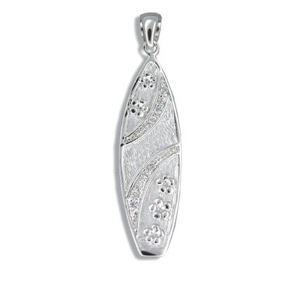 Sterling Silver Hawaiian Plumeria and CZ with Surfboard Shaped Pendant (S)