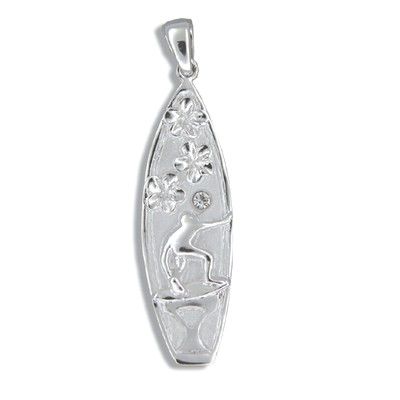 Sterling Silver Hawaiian Plumeria and Surfer with Surfboard Shaped Pendant (L)