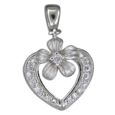 Sterling Silver Hawaiian Plumeria and CZ with Heart Shaped Slide Pendant