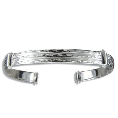 Sterling Silver Hawaiian Plumeria and Scroll 6mm Cuff Bangle