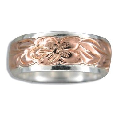 Sterling Silver Two Tone Rose Hawaiian Plumeria and Maile Ring