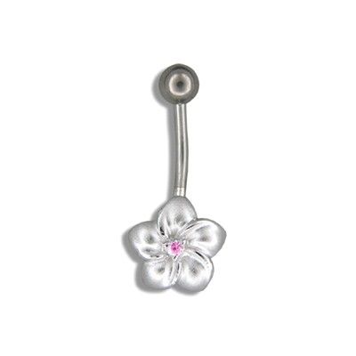 Sterling Silver Hawaiian Plumeria with Pink CZ Belly Button Ring