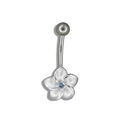 Sterling Silver Hawaiian Plumeria with Blue CZ Belly Button Ring