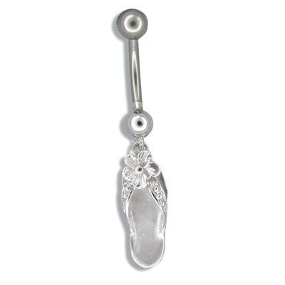 Sterling Silver Dangling Hawaiian Plumeria and Slipper Belly Button Ring