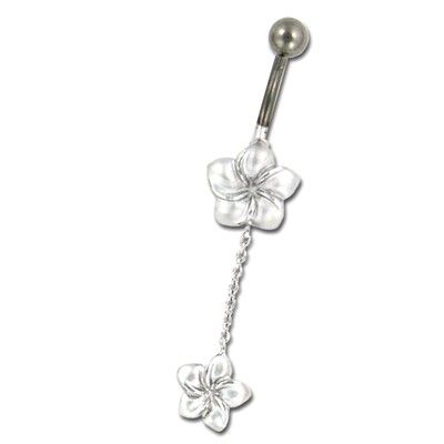 Sterling Silver Double Hawaiian Plumeria Drop Belly Button Ring