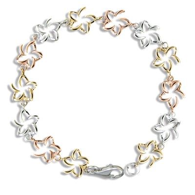 Sterling Silver Hawaiian Tri-color Open Plumeria Bracelet