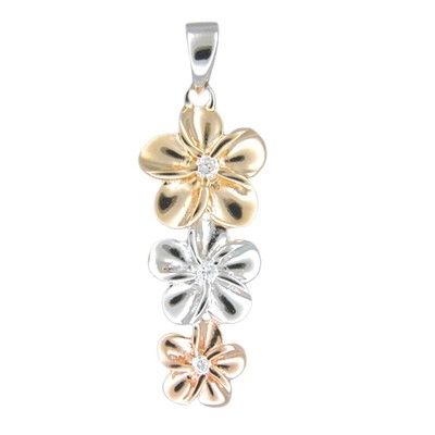 Sterling Silver Hawaiian Tri-color CZ Plumeria Pendant