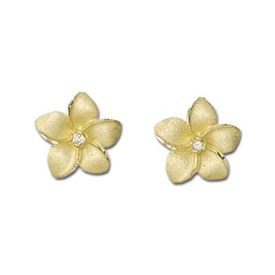 14K Yellow Gold 15mm Diamond Hawaiian Plumeria Pierced Earrings
