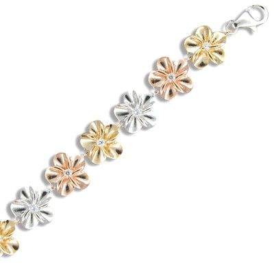 Sterling Silver 6MM Hawaiian Tri-color CZ Plumeria Bracelet