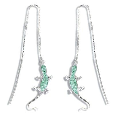 Sterling Silver White Sand Hawaiian Gecko with Green CZ Long Chain Earrings