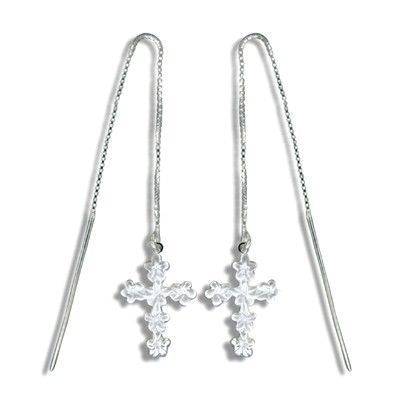 Sterling Silver White Sand Hawaiian Plumeria and Cross Long Chain Earrings