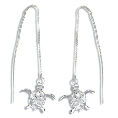 Sterling Silver White Sand Hawaiian Clear CZ Plumeria and HONU Long Chain Earrings