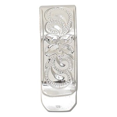 Sterling Silver Hawaiian Plumeria and Scroll Design Money Clip