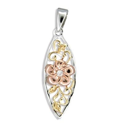 Sterling Silver Tri-color Plumeria Surf Board Pendant