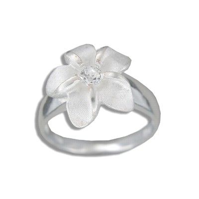Sterling Silver 15MM Hawaiian Plumeria with CZ Ring 
