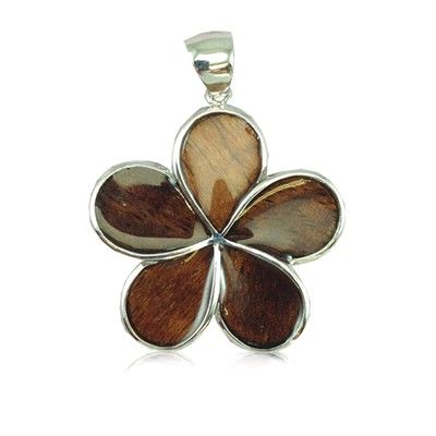 Sterling Silver Hawaiian Koa Wood 25MM Plumeria Design Pendant (L)