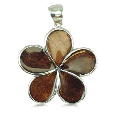 Sterling Silver Hawaiian Koa Wood 35MM Plumeria Design Pendant (XL)