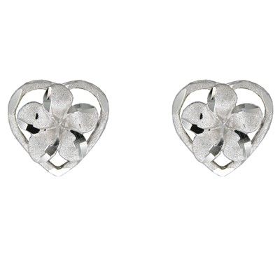 14kt White Gold Plumeria Heart Pierced Earrings