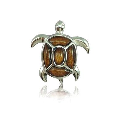 Sterling Silver Fancy Hawaiian Koa Wood Sea Turtle Pendant