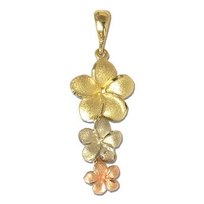 14KT Tri-color Gold Triple Hawaiian Plumeria Pendant