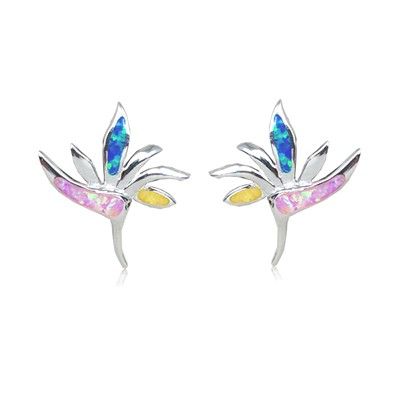 Sterling Silver Hawaiian Bird of Paradise Rainbow Opal Pierced Earrings