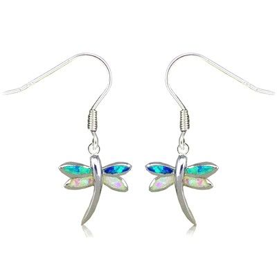 Sterling Silver Hawaiian Dragonfly Shaped Rainbow Opal Earrings with Fish Wires