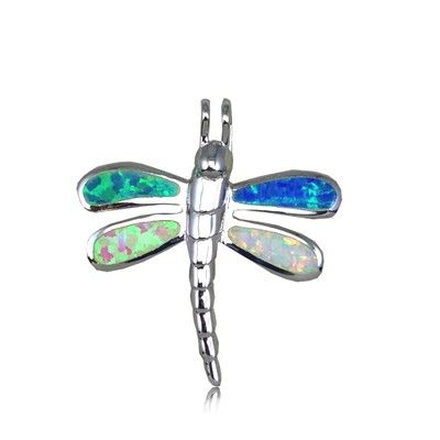 Sterling Silver Hawaiian Dragonfly Shaped Rainbow Opal Pendant