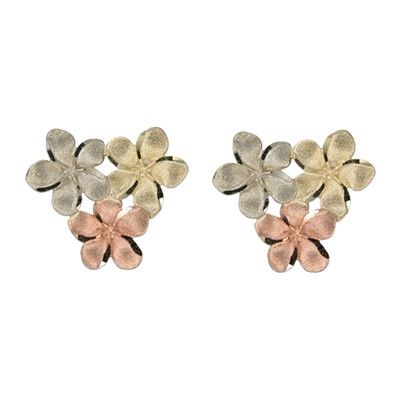 14kt Tri-Color Gold 8mm Plumeria Blossoms Pierced Earrings