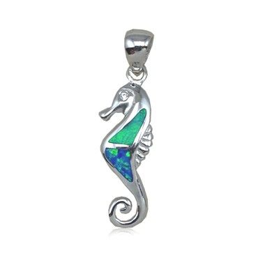 Sterling Silver Hawaiian Seahorse Shaped Blue Opal Pendant