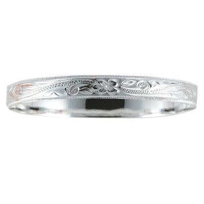 Sterling Silver 8mm Hawaiian Plumeria and Scroll with Coin Edge Bangle