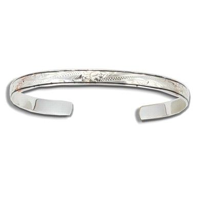 Sterling Silver 6mm Hawaiian Plumeria Design with Black Border Cuff Bangle