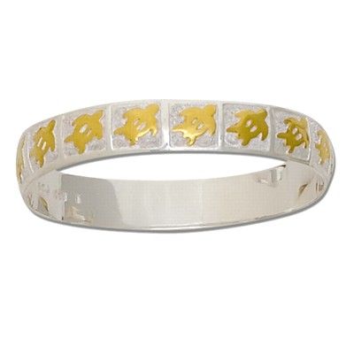 Sterling Silver Two Tone 8mm Hawaiian HONU Design Kids Bangle with Plain Edge 