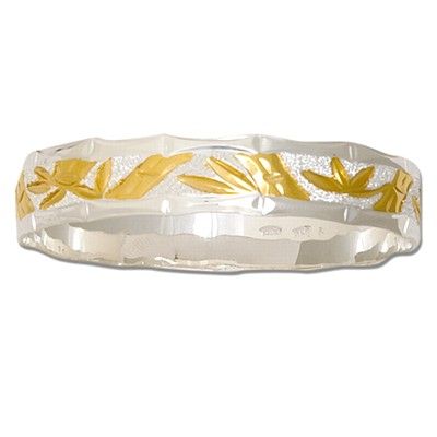 Sterling Silver Two Tone 8mm Hawaiian Bamboo Design Kids Bangle with Plain Edge 