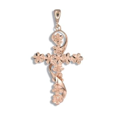 14kt Rose Gold Fancy Plumeria Leis Cross Pendant