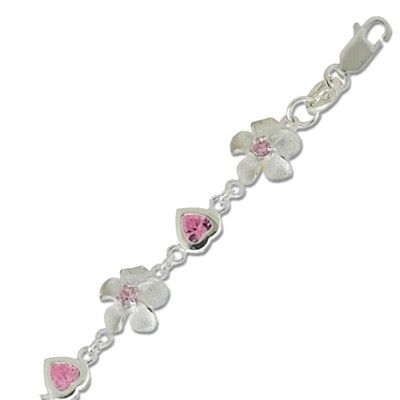 Sterling Silver 11MM Hawaiian Plumeria Design with Heart Shaped Pink CZ Bracelet