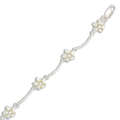 Sterling Silver Two Tone 8MM Hawaiian Plumeria and Long Bar Design Bracelet