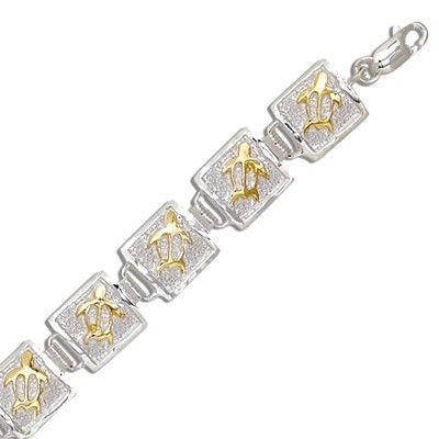 Sterling Silver Two Tone 10MM Hawaiian Honu Quilt Design Bracelet (M)