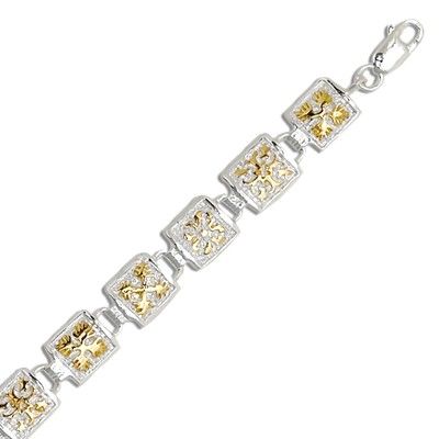 Sterling Silver Two Tone 8MM Hawaiian Mixed Quilt Design Bracelet (S)