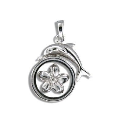 Sterling Silver Hawaiian Spinning Plumeria with Dolphin  Pendant