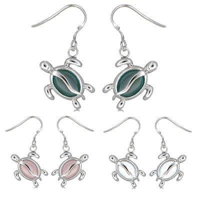 Sterling Silver Hawaiian Honu with Mother of Pear Fish Wire Earrings
