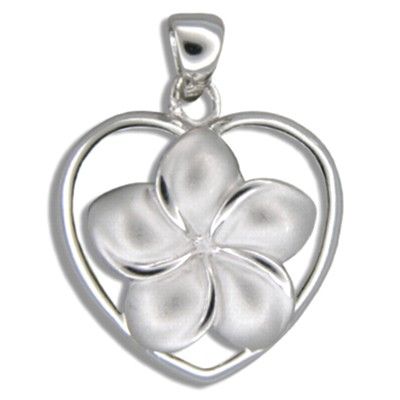 Sterling Silver 15MM Hawaiian Plumeria in Heart Design Pendant