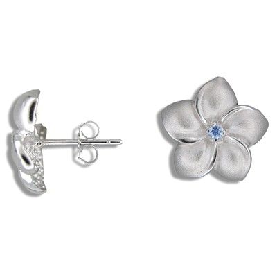 Sterling Silver 15MM Hawaiian Plumeria with Blue CZ Pierced Earrings