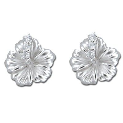 Sterling Silver 15MM Hawaiian Hibiscus with Clear CZ Earrings (L)