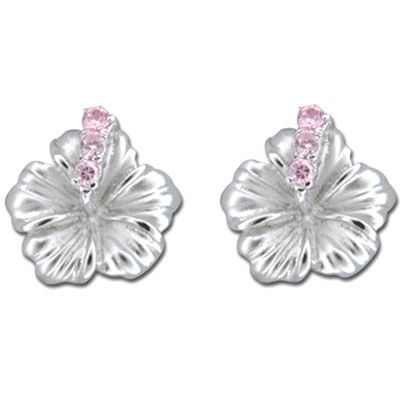 Sterling Silver 15MM Hawaiian Hibiscus with Pink CZ Earrings (L)